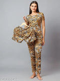 Tiger printed cotton silk women's 3-piece night suit for adults & kids, comfortable sleepwear set