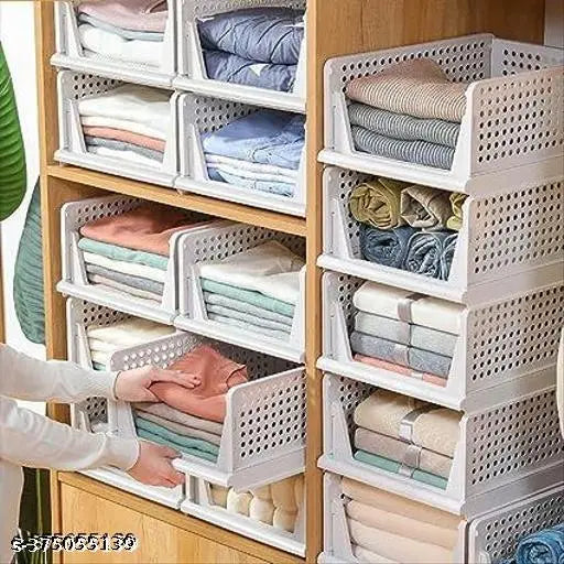 Foldable & stackable 4-layer plastic clothes organizer by NEWON for wardrobe, mesh design with easy assembly