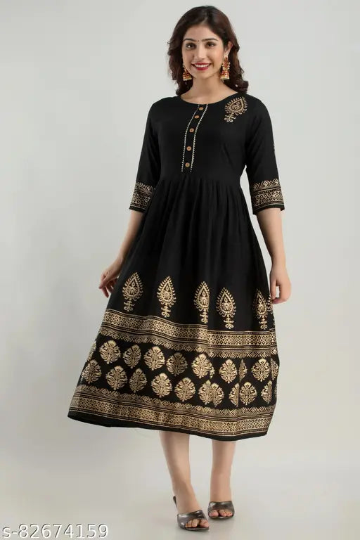 Rayon print Anarkali kurti for women, three-quarter sleeves, flared style, Indian fashion on hanger