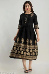 Rayon print Anarkali kurti for women, three-quarter sleeves, flared style, Indian fashion on hanger