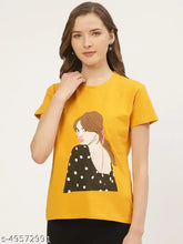 Mustard printed cotton t-shirt, short sleeves, stylish ANVI Be Yourself design for women's sizes S to XL