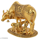 Brass Kamdhenu cow figure showpiece decor, adorned with deities, symbolizing prosperity and love