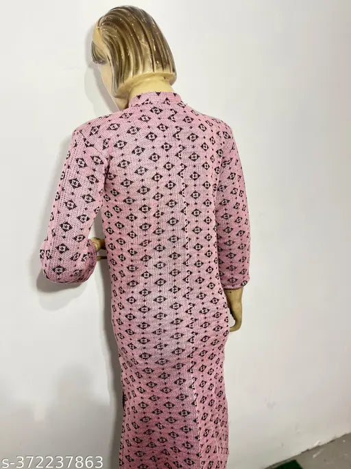 Pink woolen kurti for winter with black & white floral print, perfect for festive occasions