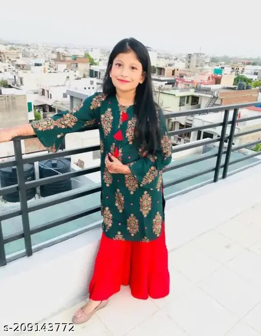 SF Green Red Baby Sharara Rayon Printed Straight Knee Length Top with Three-Quarter Sleeves for Kids, Indian ethnic wear