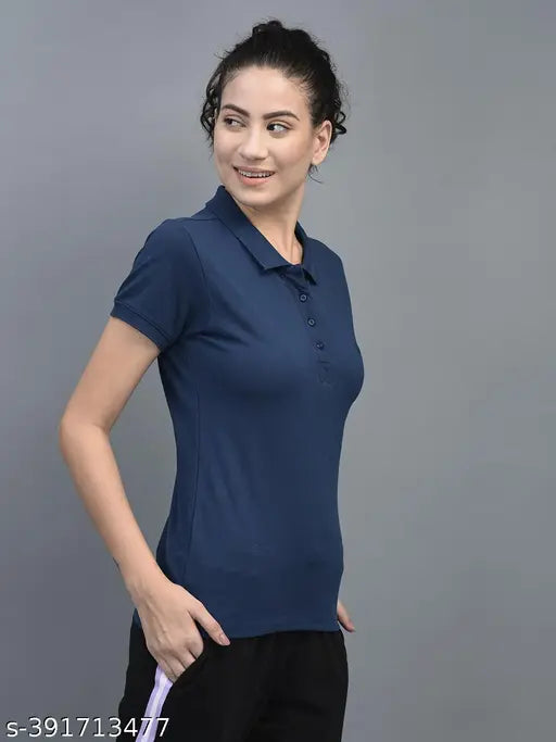 Blue cotton-blend polo neck t-shirt for women by Dollar, featuring short sleeves and an embroidered logo