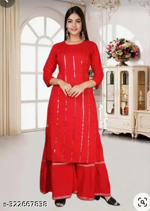 Rayon RD=MRR=SHAR Kurta set with palazzos, solid net, hand mirror work - festival, party, office, and daily wear
