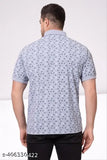 Light grey men's polo t-shirt, pure cotton blend with geometric print, short sleeves and regular length collar. Made in India