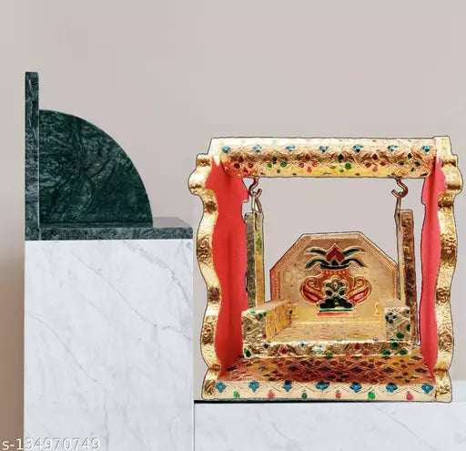 Wooden Krishna idol swing, golden oxidized Lord Krishna Jhula, perfect for gifting or pooja room decor, handcrafted Indian artistry