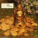 Brass Kuber idol, brass Lakhsmi Kubera 108 gold-plated pooja coins set - Indian god statue and coin set for prayer, small size with 135g brass idol, 80gms coins (approx.)