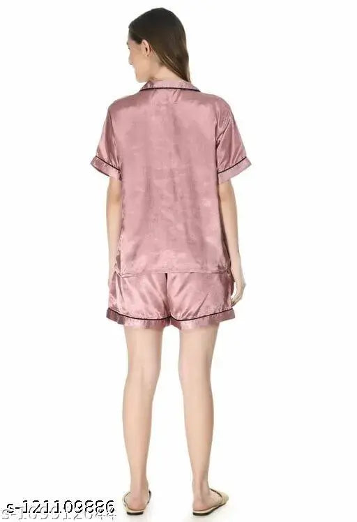 Peach satin night suit set with shorts, short sleeve and chic collar, 100% silky fabric, perfect bridal or slumber party gift