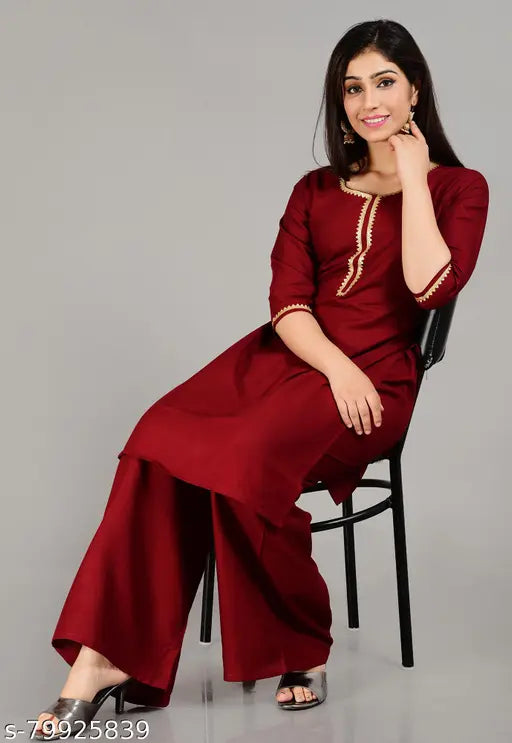 Rayon Mahroon kurta set with palazzos, solid color and three-quarter sleeves. Indian fashion for women in S, L, XL sizes