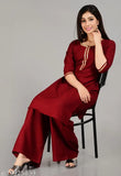 Rayon Mahroon kurta set with palazzos, solid color and three-quarter sleeves. Indian fashion for women in S, L, XL sizes