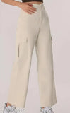 Cream cotton blend casual pant, straight fit with slanted inset flap pocket & high rise, for both casual and formal wear