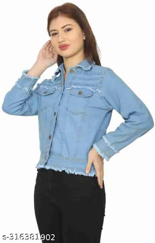 Light blue denim jacket, solid pattern, long sleeves, sizes: S, M, L, XL, made in India