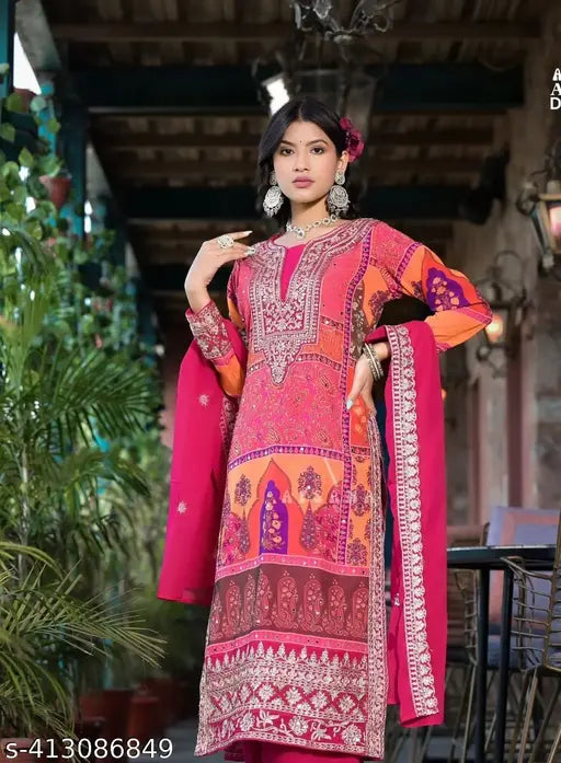 Affordable Pakistani suit in heavy faux Georgette sequence design with embroidered net, three-quarter sleeves, and matching dupatta and pants. Available in sizes M, XL, and XXXL. Indian origin