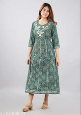 Green rayon kurti with printed lace work, three-quarter sleeves, Indian women's fashion on mannequin