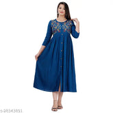 Teal rayon embroidery kurti with flared silhouette, three-quarter sleeves - DMP231 Indian fashion