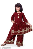 Marron Georgette Anarkali Palazzo Kurta Set for Girls, embellished festive collection from Queenpin India, size 12-18 months, above knee top length, A-line dupatta not included