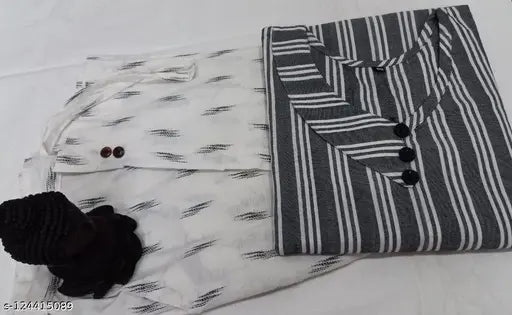 Stylish grey kurti with white pant set, cotton three-quarter sleeves, striped, women's summer special