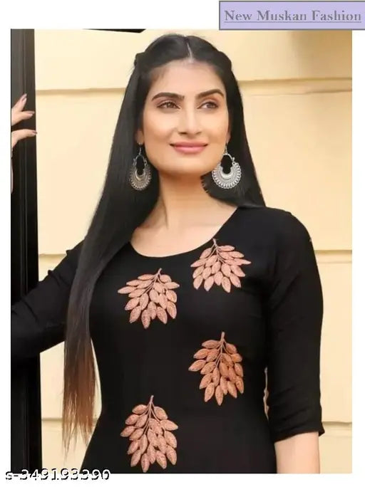 Black embroidered viscose rayon A-line kurti palazzo set for women, featuring short sleeves and a solid pattern. Pack of 2 sizes available from XS to XXXL, popular choice for formal or casual occasions in India
