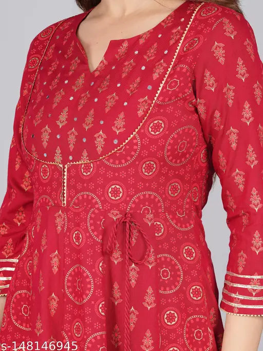 Gold rayon Anarkali kurta, three-quarter sleeves, printed combo - Indian festive wear on model