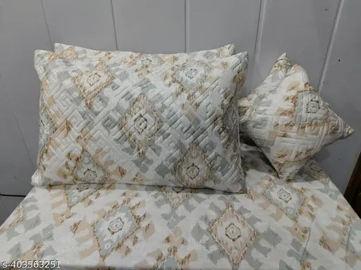 Trendy cotton botanical embroidered 5pc bedsheet set (1 Double, 2 pillow covers, 2 filled cushions), soft feel with size 90x100 inches, ideal for adults in summer, made in India