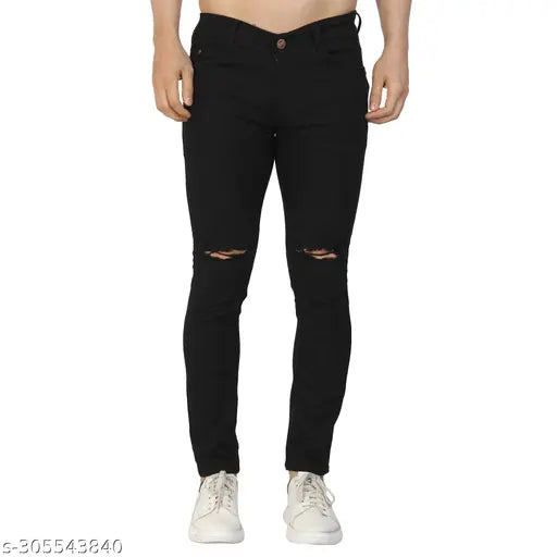 Black stretchable slim fit distressed jeans for men, knee cut design - high-quality denim with exceptional value