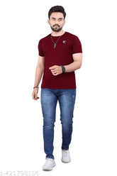 Men's solid round neck cotton-blend T-shirt, short sleeves, soft and lightweight for comfort and durability, ideal for casual and semi-formal occasions. Brand print at chest, tagless, and suitable for machines wash only
