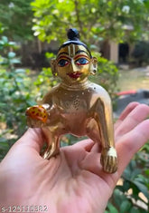 Brass modern Laddoo Gopal Ji hand-painted Netr Shringar idol, gold color, 8x5x8 cm, Hindu religious figurine for Pooja/Puja Ghar decor
