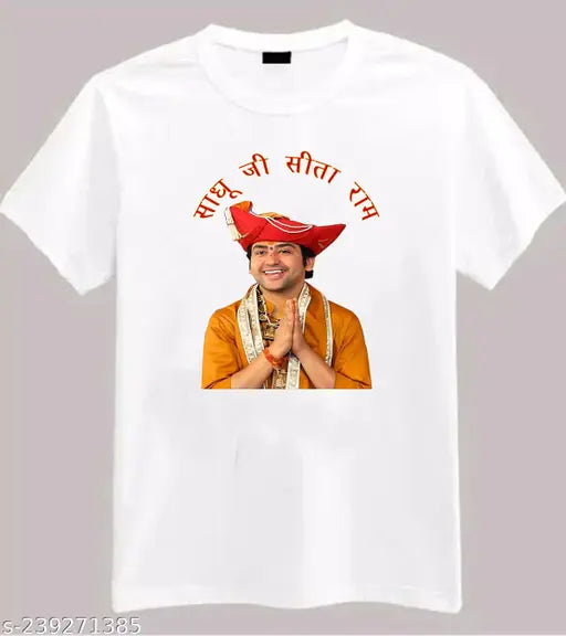 Modern polyester printed white short sleeves t-shirt for men, casual wear with stylish print on display