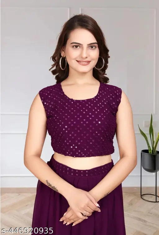 New purple Georgette Indo-Western long dress set with shrug, sleeveless lehenga, choli, and matching shrug. Traditional Anarkali wedding party wear for women, Indian fashion