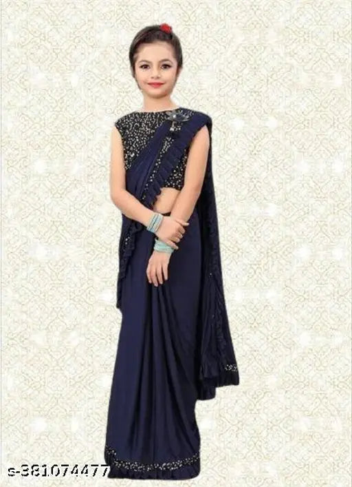Striped embellished net saree for kids, attractive new cute girls' saree in immensely soft lightweight fabric