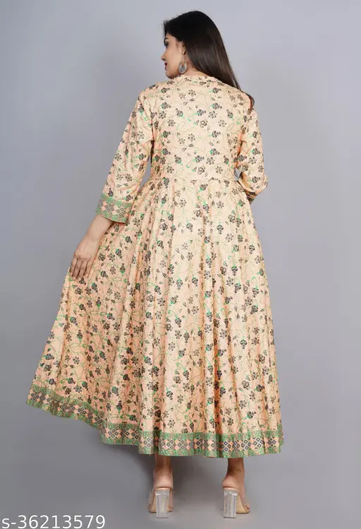 Light Peach Rayon Flared Kurta, stylish printed design with three-quarter sleeves, ideal for festive and party wear