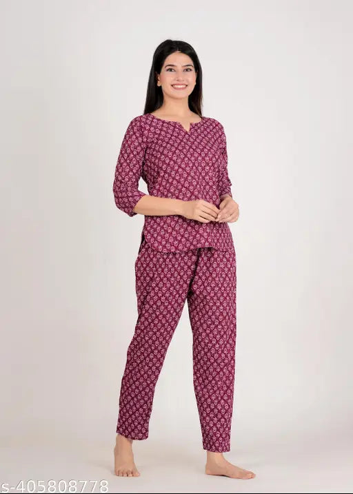 Rayon printed pyjama set, CH Boutique three-quarter sleeve style for women, India origin
