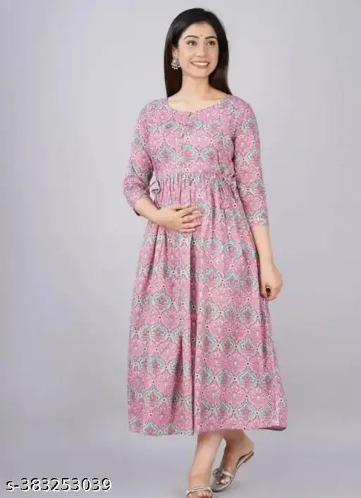 Viscose Rayon printed maternity Anarkali kurta with lace edging and adjustable waist, comfortable cotton fabric for mom and baby, India-made