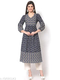 Sawariya Blue Embroidered Printed Crepe Flared Anarkali Kurti for Women - Cotton, three-quarter sleeves, casual & office wear, Indian origin