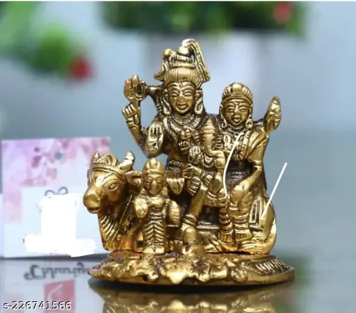Gold-plated, traditional Shiv Parivar showpiece with Ganesh & Kartik, ideal for home decoration or religious worship