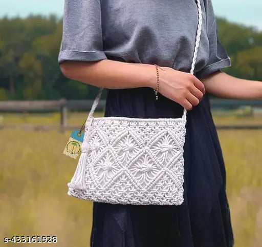Natural cotton macrame crossbody sling bag, attractive design, zipper - handmade eco-friendly accessory from India
