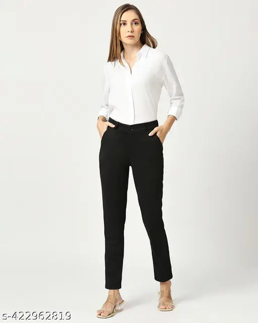 Black polycotton women's formal trouser, solid net pattern, size S-XXL. Women's fashion pants from India