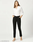 Black polycotton women's formal trouser, solid net pattern, size S-XXL. Women's fashion pants from India