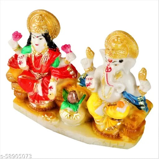 Multicolor marble Laxmi Ganesh Idol Murti for Diwali Puja, traditional Indian home decor & temple statue (5-inch, 14.5cm x 11cm x 4cm)