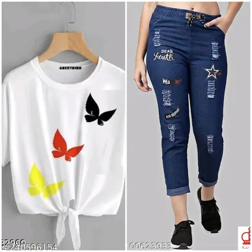 Cotton blend T-shirt and denim jogger jeans combo pack2, stylish and unique printed design for women's casual fashion