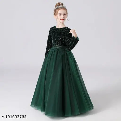 Green net fabric kids frock dress for party-wear, embellished with sequins and velvet, full-length above knee, long sleeves