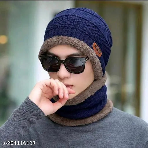 Navy blue & black woolen balaclava cap & scarf set with faux fur lining, premium quality, Indian origin