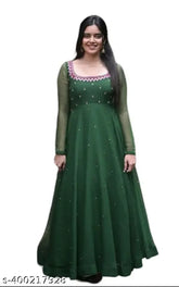 Stylish green bandhni Georgette maxi dress with embellishments, digital print, and mirror work