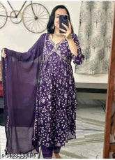 Purple rayon Aliya cut kurti set with dupatta and bottomwear, printed pattern on three-quarter sleeves dress, Indian origin