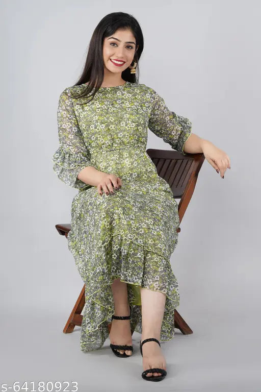 Rayon chiffon printed flared long kurta with three-quarter sleeves, trendy partywear for women, festival and wedding attire from India