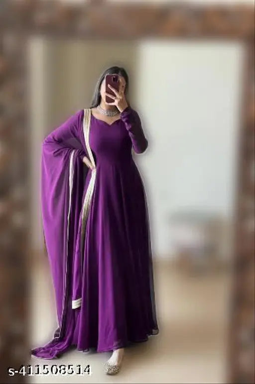 Georgette fabric gown with dupatta, solid-colored, long sleeves like churidar sleeves, available in various sizes (XS to 6XL) with size chart included for perfect fit. Made in India