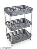 Grey 3-layer plastic & stainless steel kitchen trolley with fruit and vegetable baskets, onion potato rack, adjustable for bathroom, laundry room, or bedroom storage