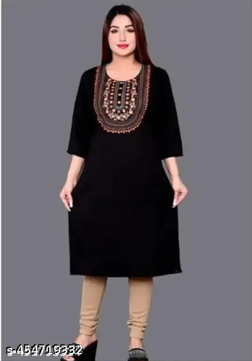 Women's woolen three-quarter sleeve kurti, solid style, M (38in bust, 28in length), L (40in bust, 28in length), XL (42in bust, 30in length). Woolen winter kurti for women with a trendy look and feel, perfect for parties. Made in India